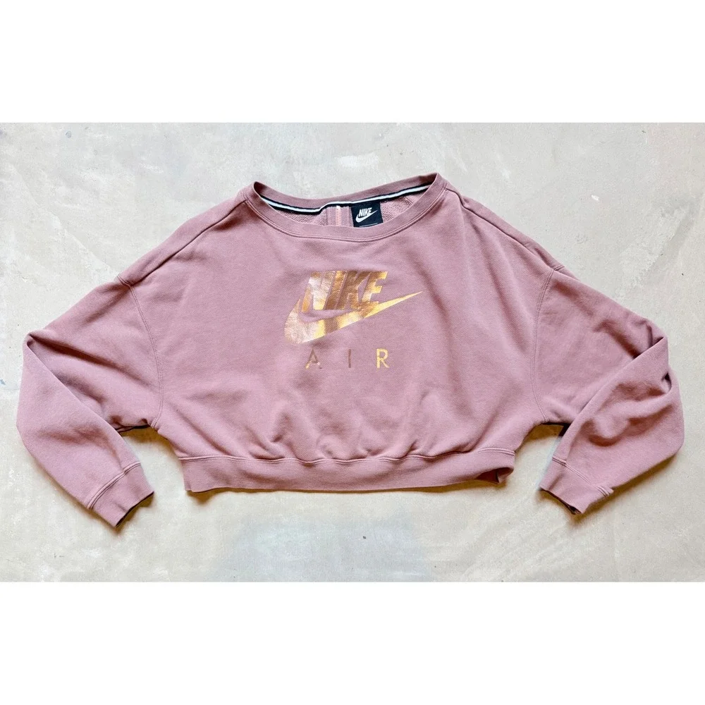 Nike Air Womens Cropped Sweatshirt Mauve Rose Gold‎ Logo Back Zip Medium